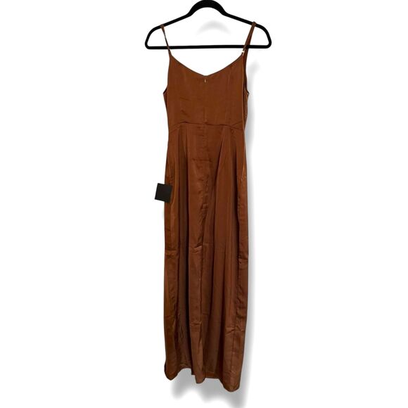 Lulus Women’s Brown Satin Maxi Dress Size Small Spaghetti Strap Slit NWT - Picture 4 of 7